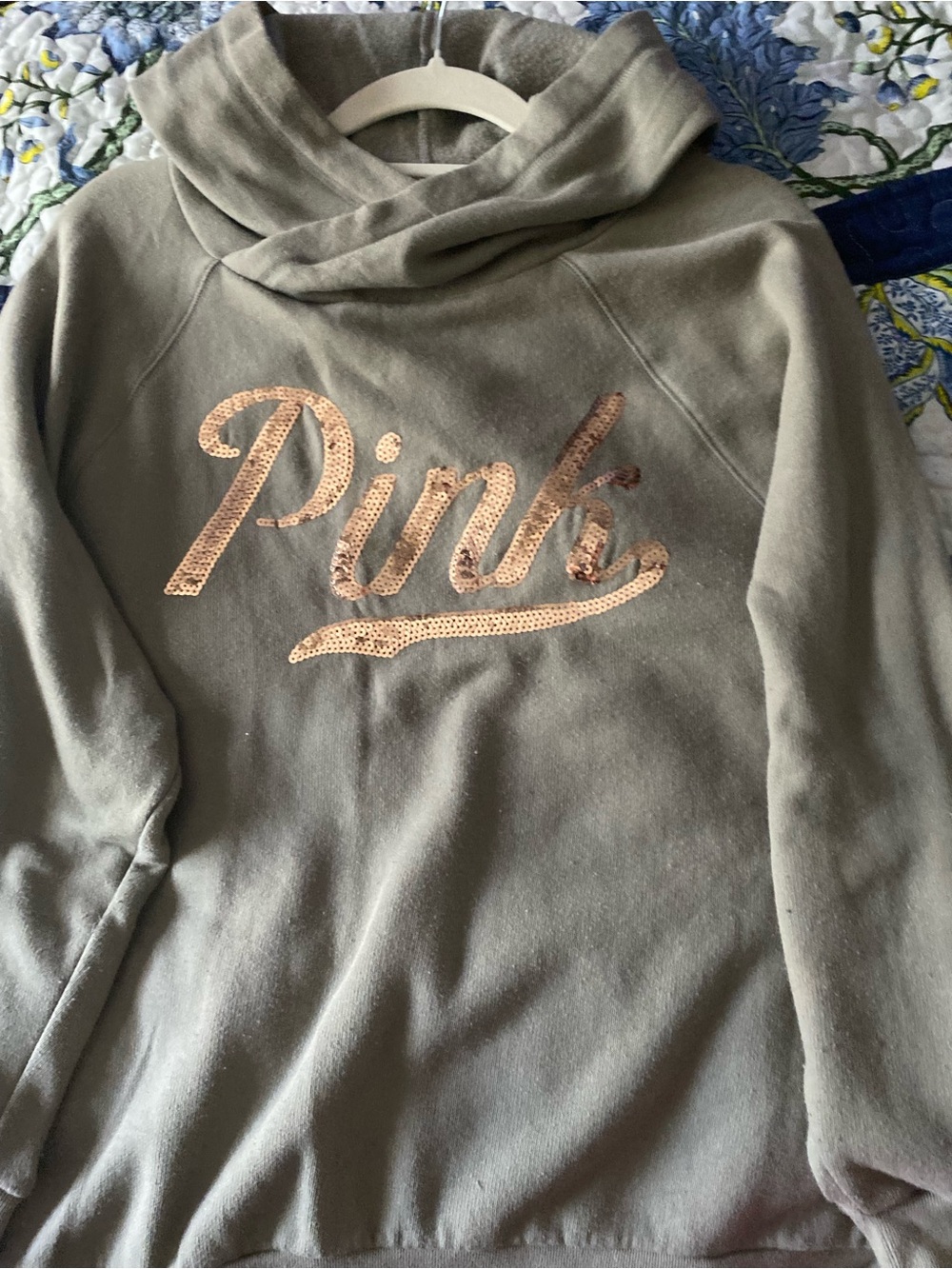 PINK Victoria's Secret Sequin Logo Olive Green Hooded Sweater